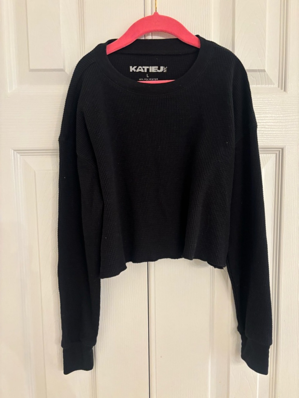 Katie J NYC Black Cropped Waffle Knit Sweatshirt